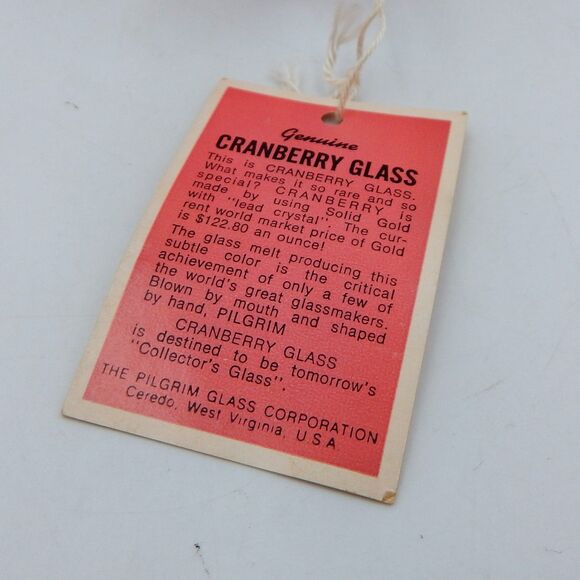 Pilgrim Glass Handblown Cranberry Vase Pitcher Applied Clear Handle 4 Inch Tags - Picture 7 of 13